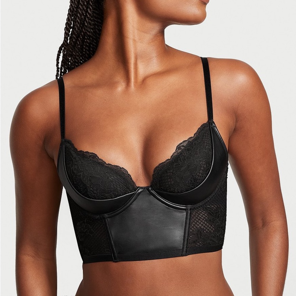 victoria secret Faux Leather Fishnet Quarter Cup Corset Top 32c black